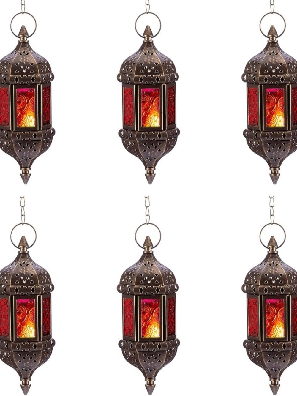 Handmade Hexagon Moroccan Candle Lantern Holders - 6 Pcs Bronze & Glass Decor